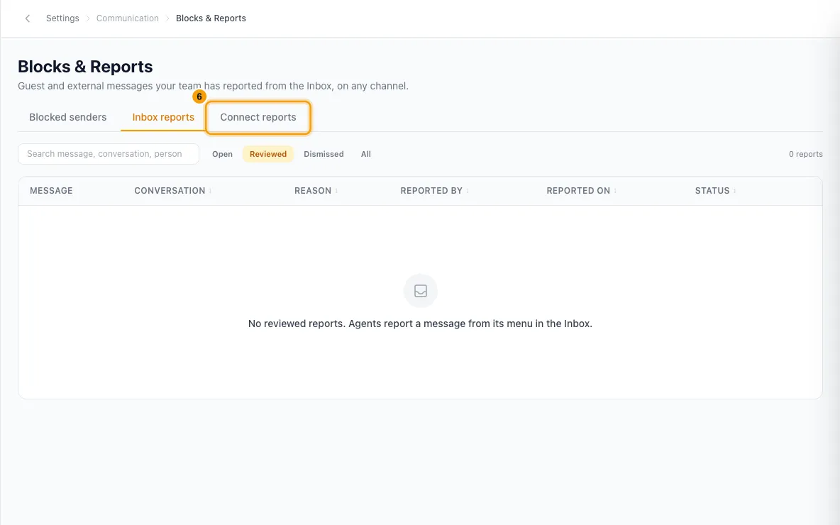 Review blocked senders and message reports: step 6 in Rentibly, with Connect reports marked.