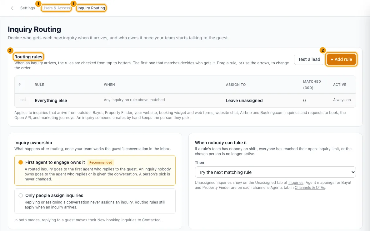 Send new inquiries to the right person (Inquiry Routing): steps 1 and 2 in Rentibly, with Users & Access, Inquiry Routing, Routing rules marked.