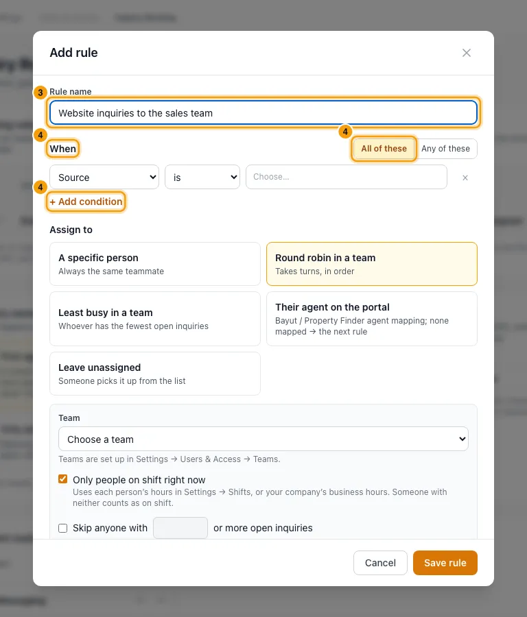 Send new inquiries to the right person (Inquiry Routing): steps 3 and 4 in Rentibly, with Rule name, When, + Add condition marked.