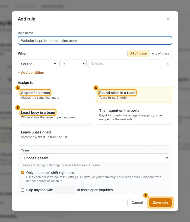 Send new inquiries to the right person (Inquiry Routing): steps 5 and 6 in Rentibly, with A specific person, Round robin in a team, Least busy in a team marked.