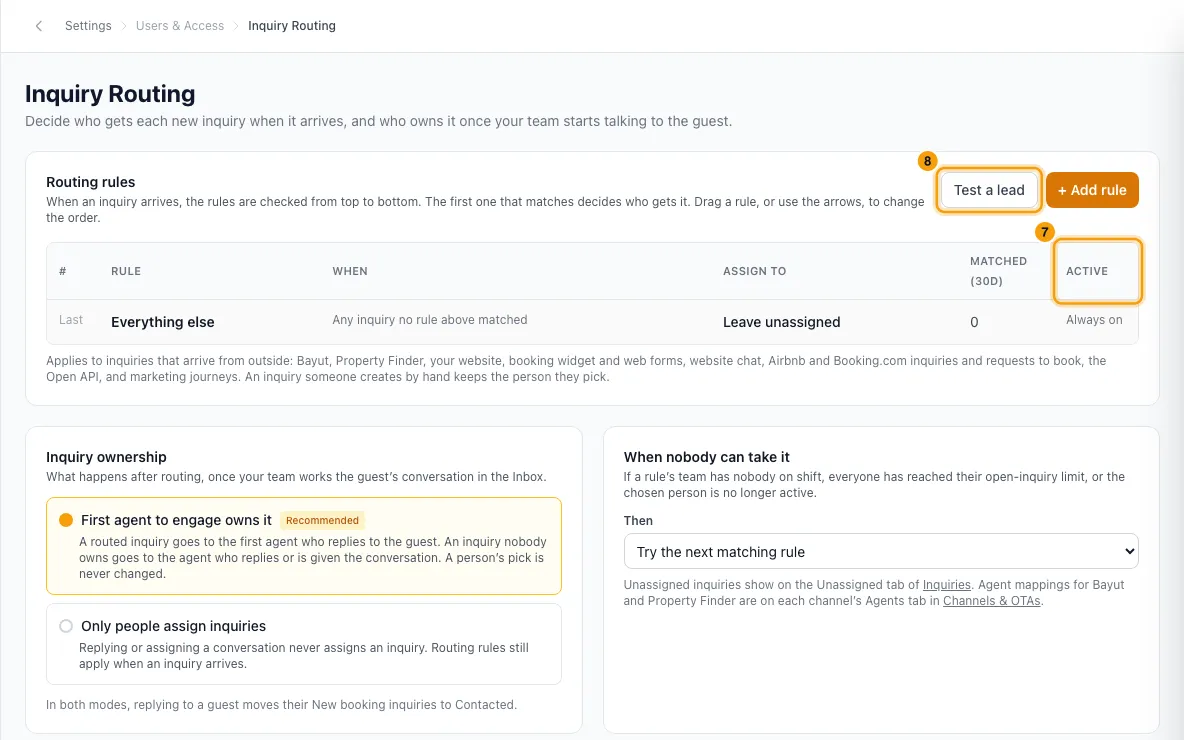 Send new inquiries to the right person (Inquiry Routing): steps 7 and 8 in Rentibly, with the Active column, Test a lead marked.