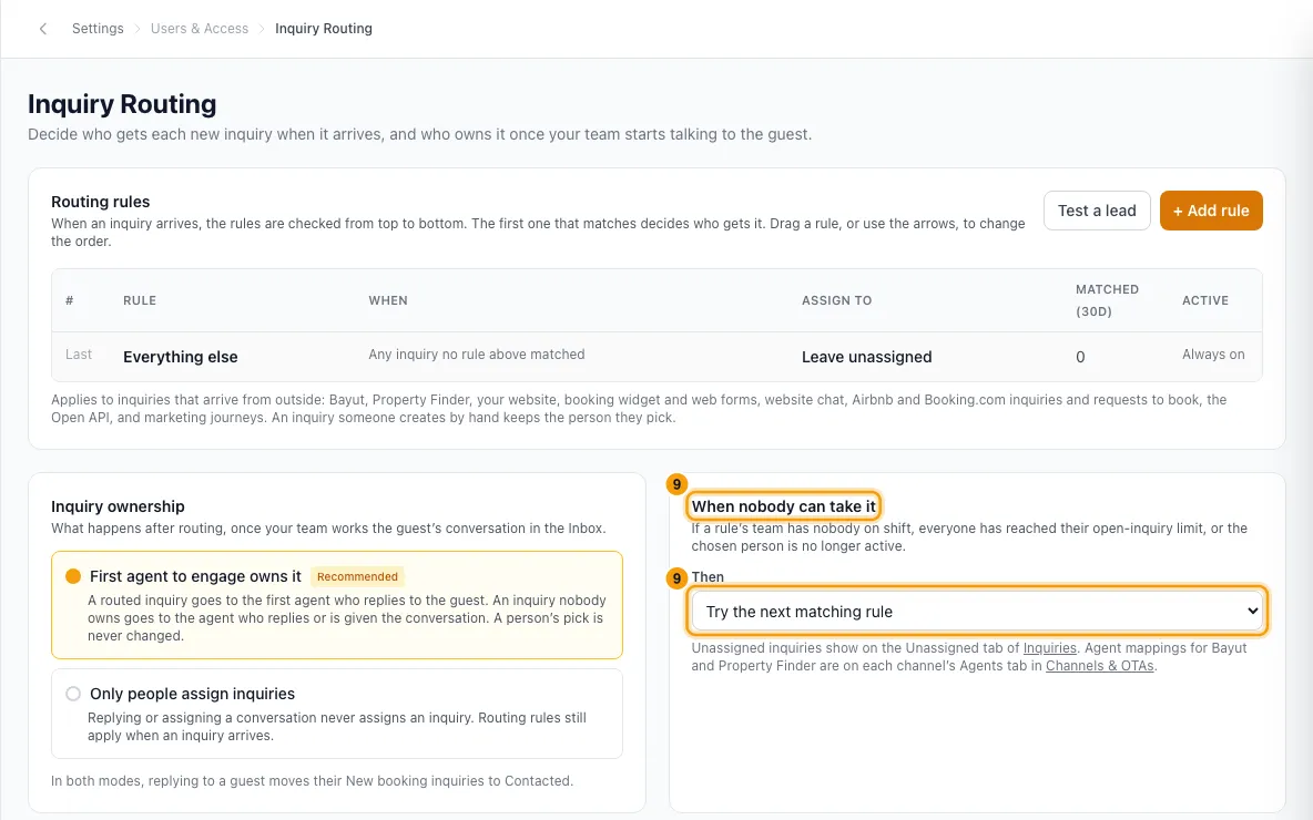 Send new inquiries to the right person (Inquiry Routing): step 9 in Rentibly, with When nobody can take it, Then marked.