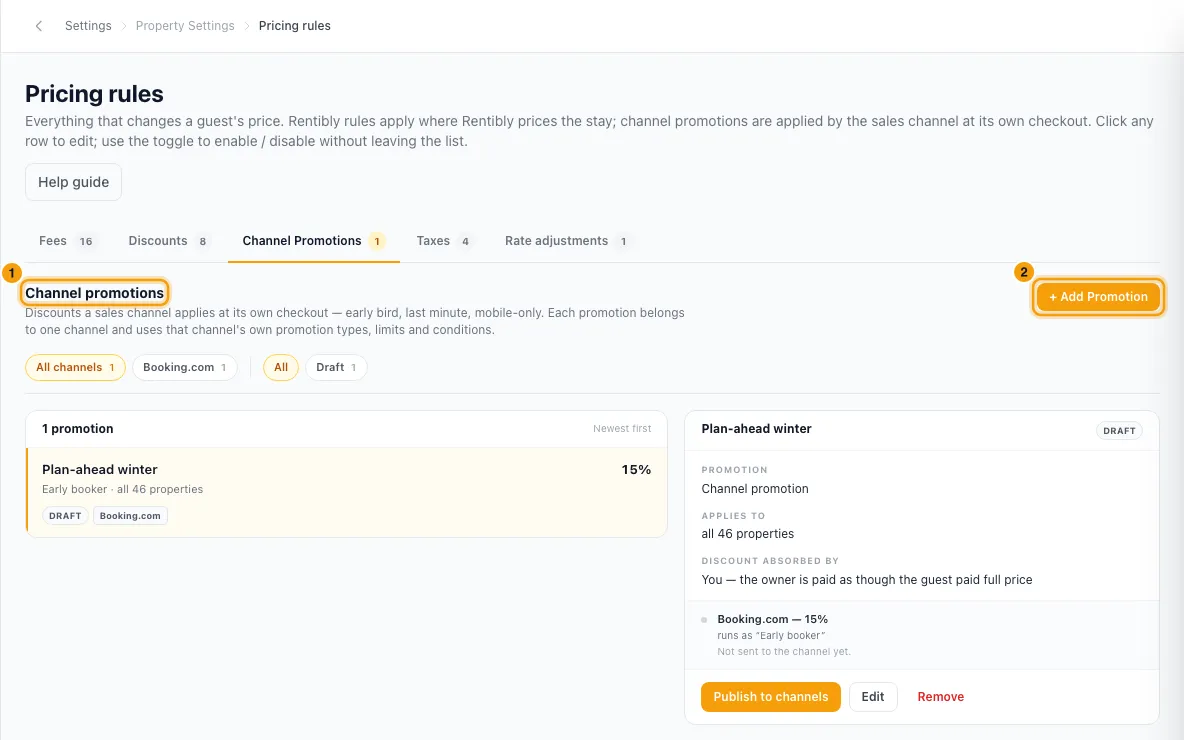 Run a promotion on a booking channel: steps 1 and 2 in Rentibly, with Channel Promotions, + Add Promotion marked.
