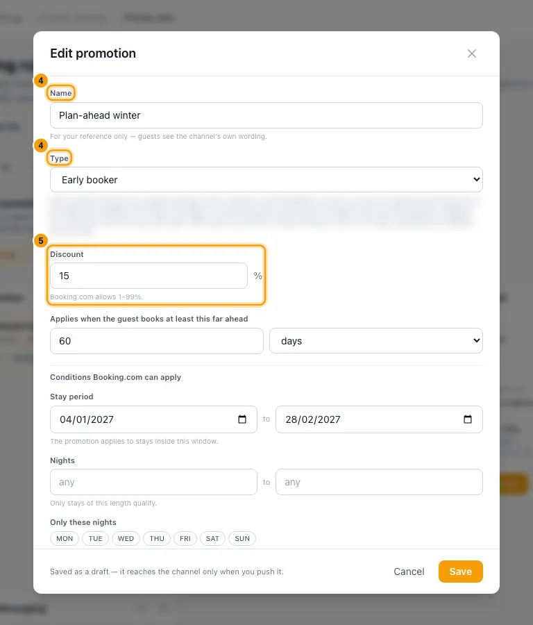 Run a promotion on a booking channel: steps 4 and 5 in Rentibly, with Name, Type, Discount marked.