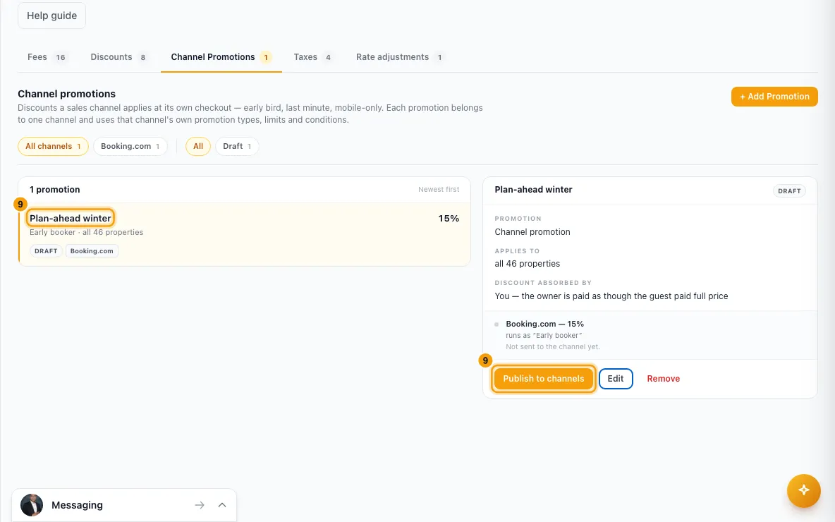 Run a promotion on a booking channel: step 9 in Rentibly, with Plan-ahead winter, Publish to channels marked.