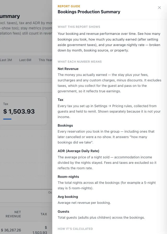 Run, filter and save reports: step 7 in Rentibly, with Guide marked.