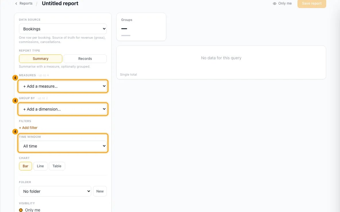Run, filter and save reports: step 4 in Rentibly, with the measures and group by, the measures and group by, Time window marked.