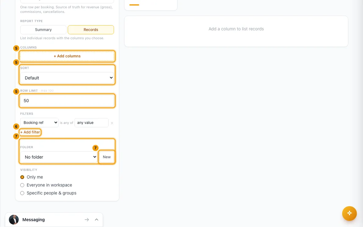 Run, filter and save reports: steps 5, 6 and 7 in Rentibly, with + Add columns, Sort, Row limit marked.