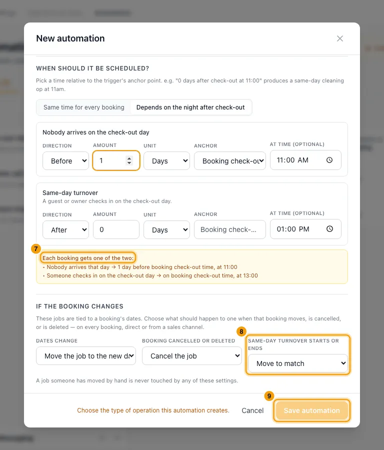 Use a different time on a same-day turnover: steps 7, 8 and 9 in Rentibly, with Each booking gets one of the two:, Same-day turnover starts or ends, Save automation marked.