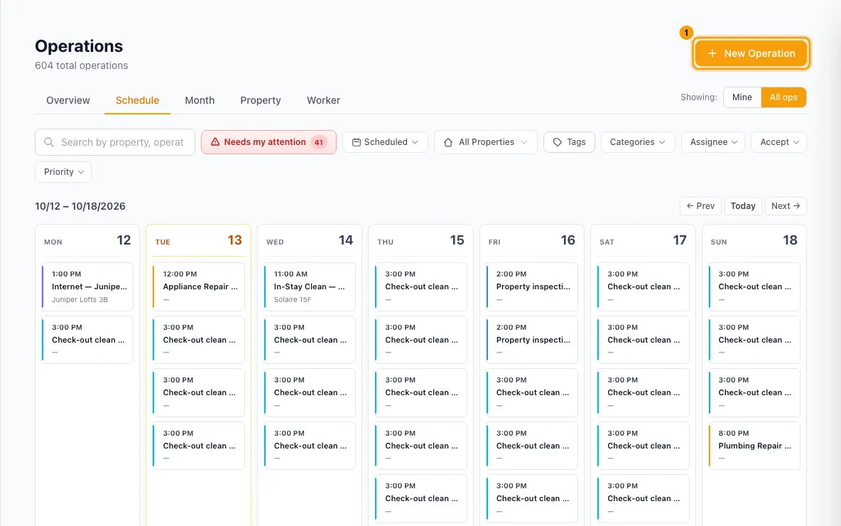 Schedule an operation: step 1 in Rentibly, with New Operation marked.