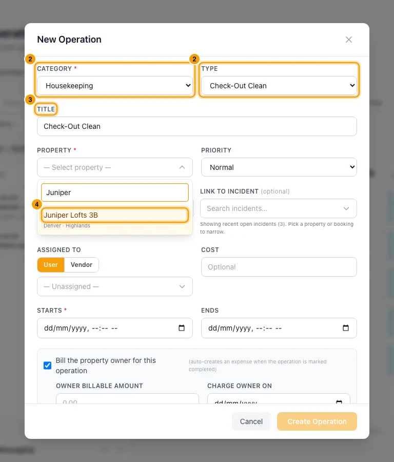 Schedule an operation: steps 2, 3 and 4 in Rentibly, with Category, Type, Title marked.
