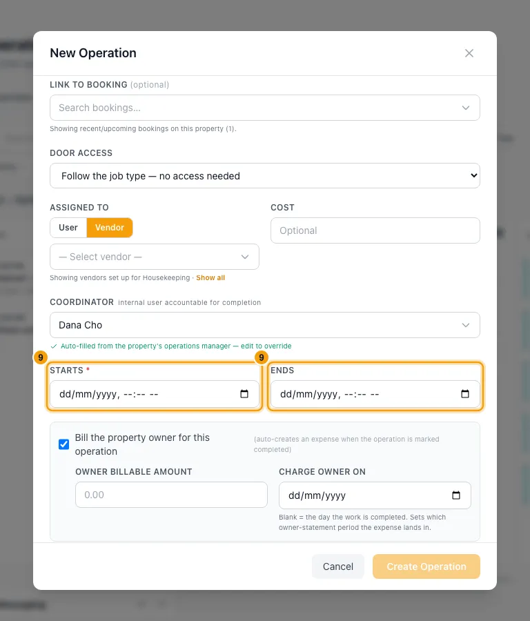 Schedule an operation: step 9 in Rentibly, with Starts, Ends marked.