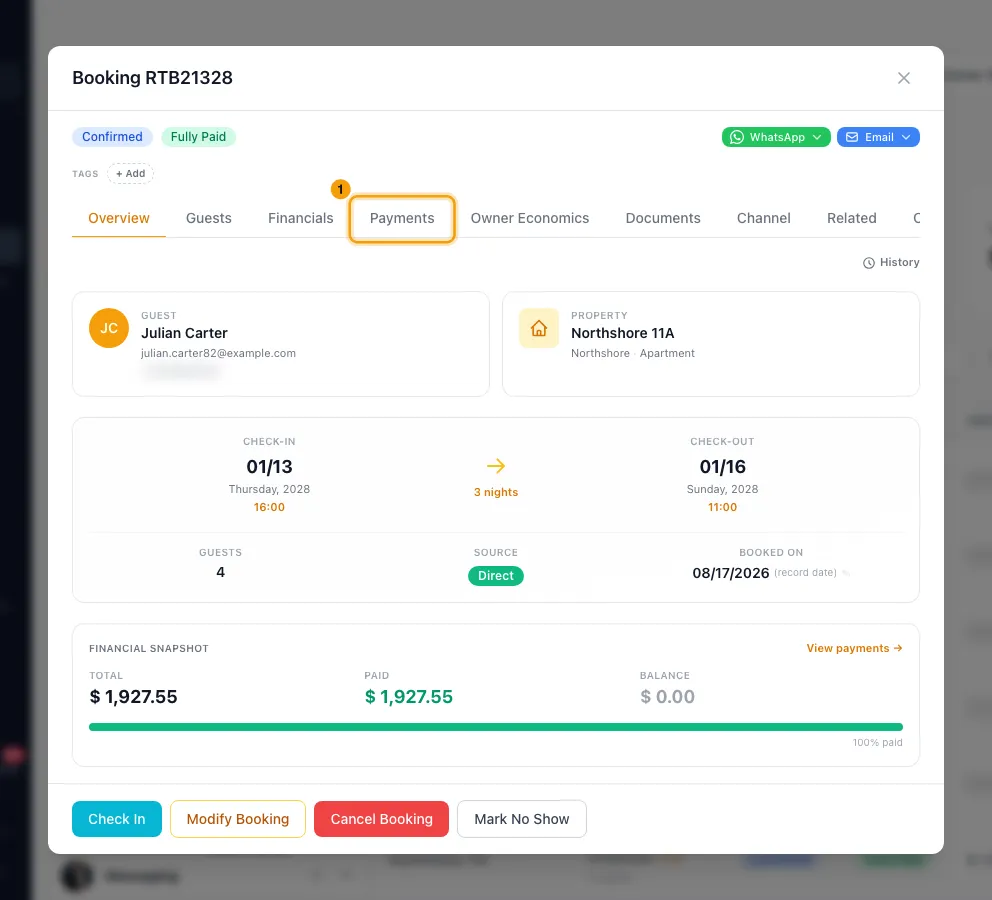 Schedule payments and installments on a booking: step 1 in Rentibly, with Payments marked.
