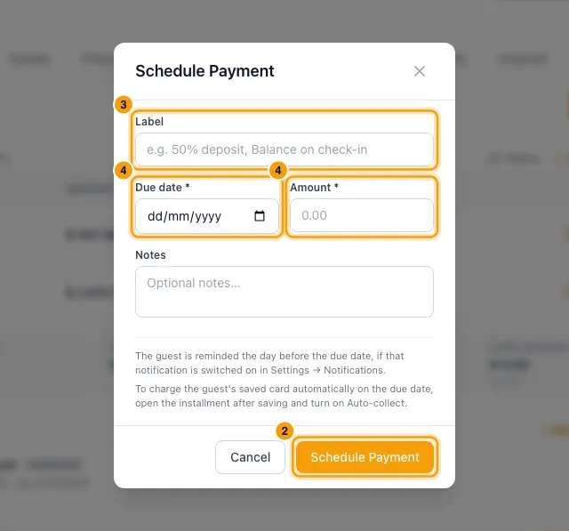 Schedule payments and installments on a booking: steps 2, 3 and 4 in Rentibly, with Schedule Payment, Label, Due date marked.
