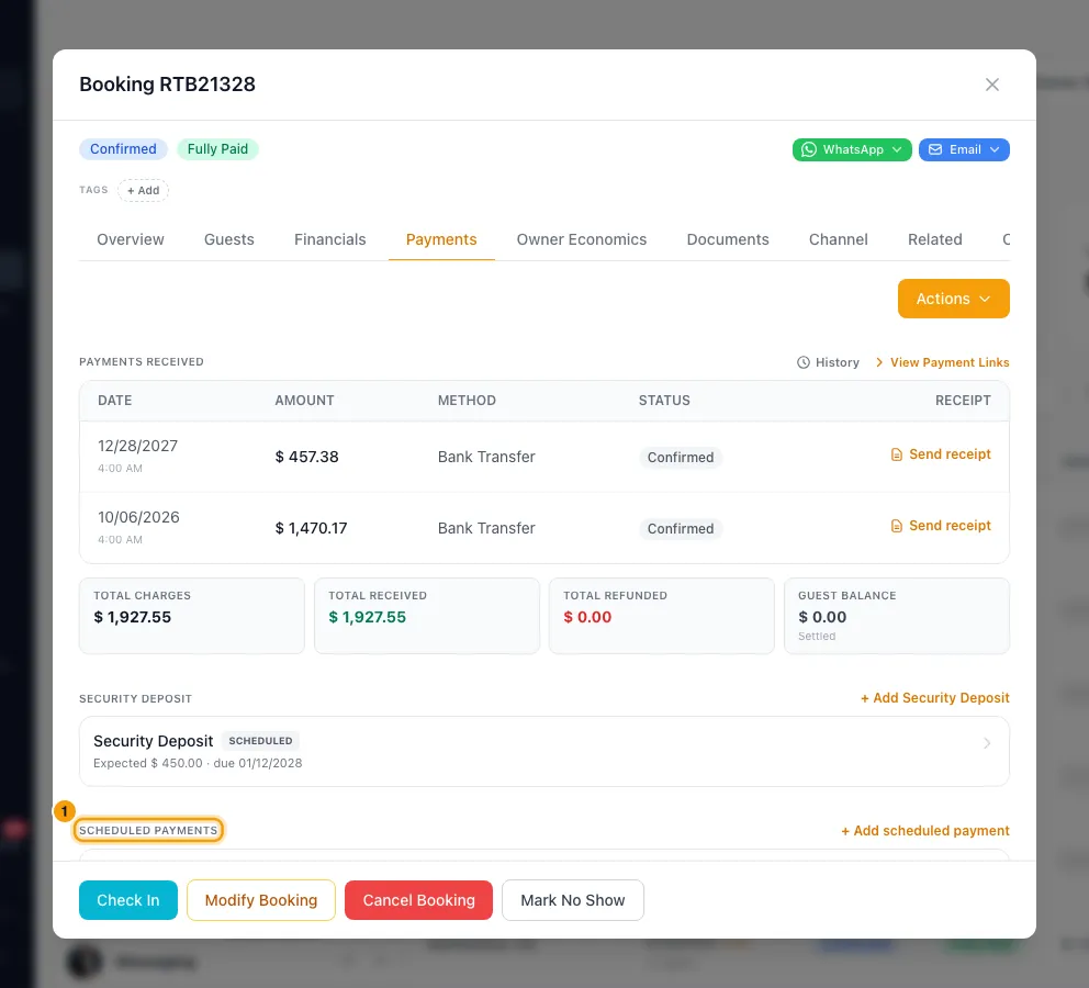 Schedule payments and installments on a booking: step 1 in Rentibly, with Scheduled payments marked.