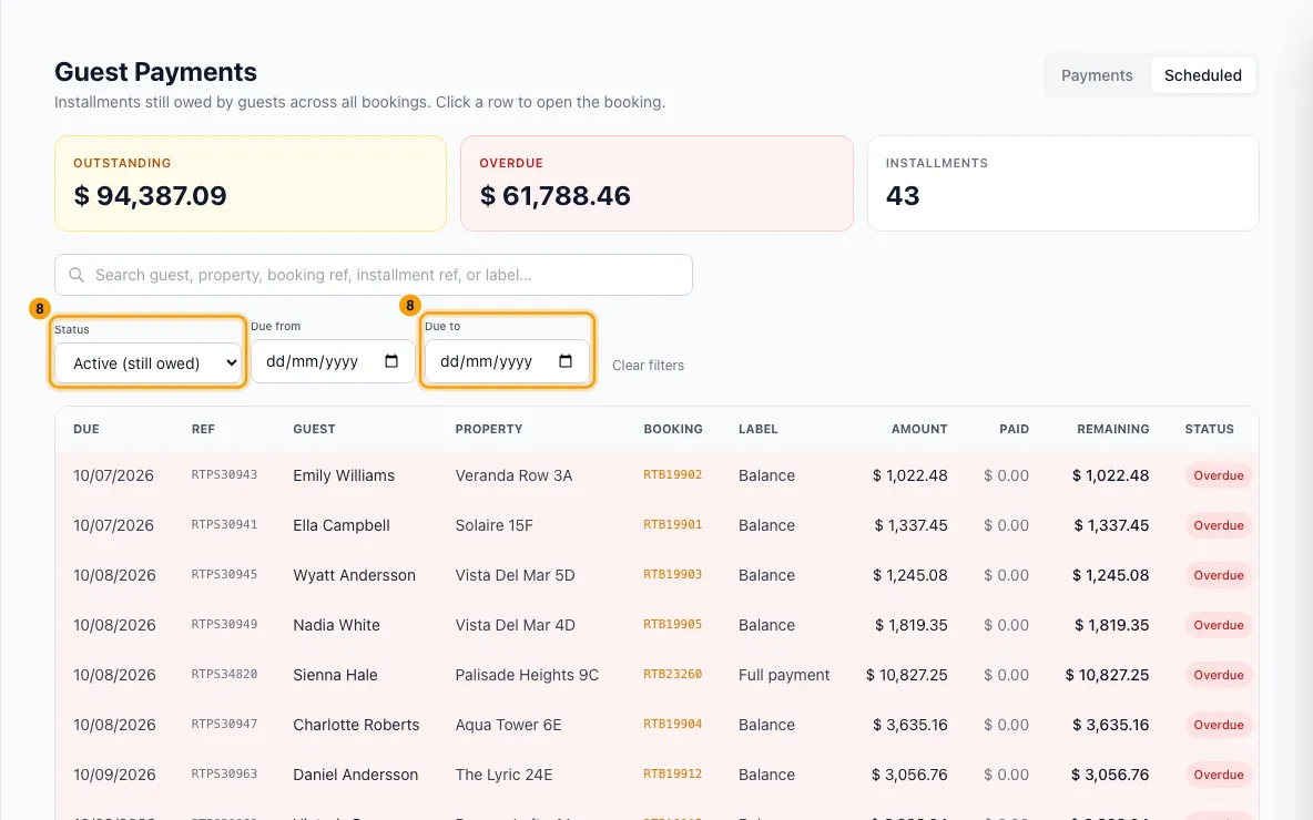 See all guest payments and installments owed: step 8 in Rentibly, with Status, Due to marked.