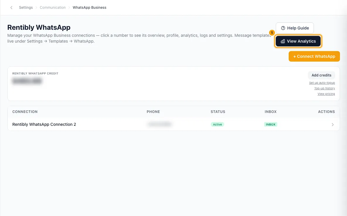 See WhatsApp analytics and what you spend: step 1 in Rentibly, with View Analytics marked.