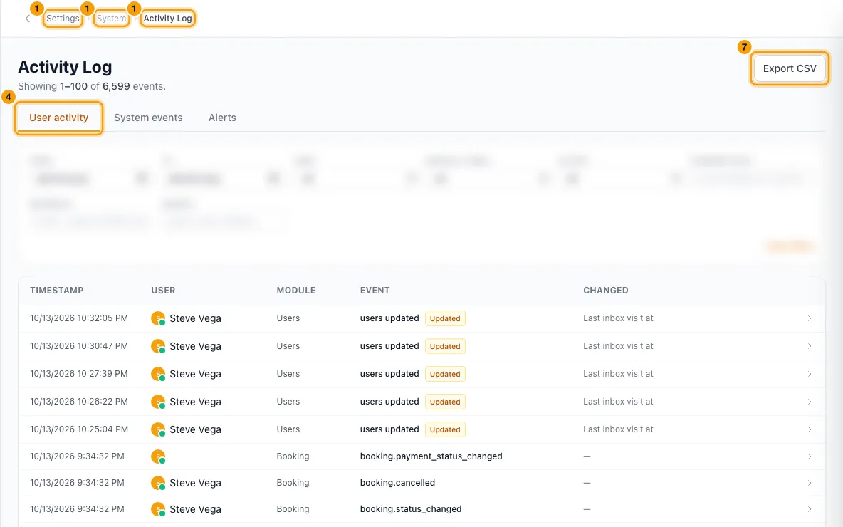 See who did what (Activity Log): steps 1, 4 and 7 in Rentibly, with Settings, System, Activity Log marked.