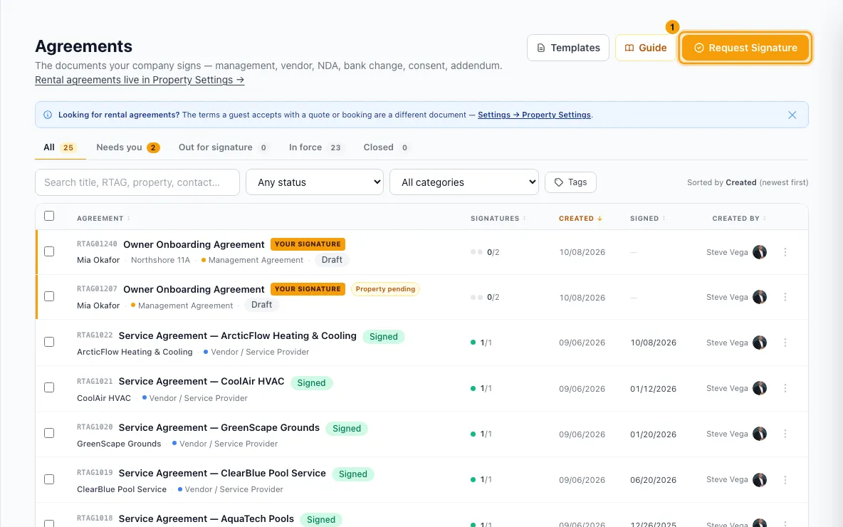 Send an agreement for e-signature (management, vendor, NDA…): step 1 in Rentibly, with Request Signature marked.