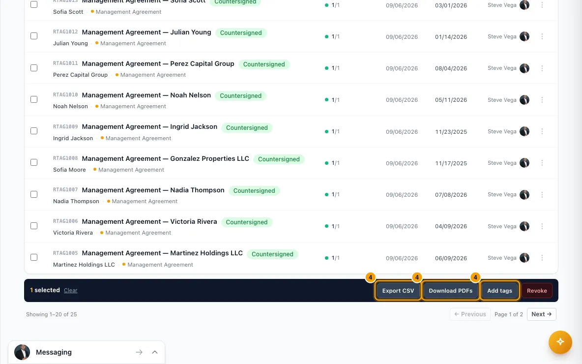 Send an agreement for e-signature (management, vendor, NDA…): step 4 in Rentibly, with Export CSV, Download PDFs, Add tags marked.
