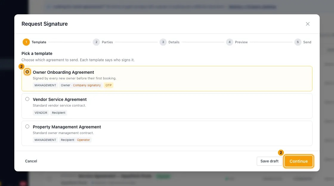 Send an agreement for e-signature (management, vendor, NDA…): step 2 in Rentibly, with Owner Onboarding Agreement, Continue marked.