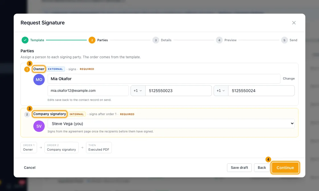 Send an agreement for e-signature (management, vendor, NDA…): steps 3 and 4 in Rentibly, with the parties, the parties, Continue marked.