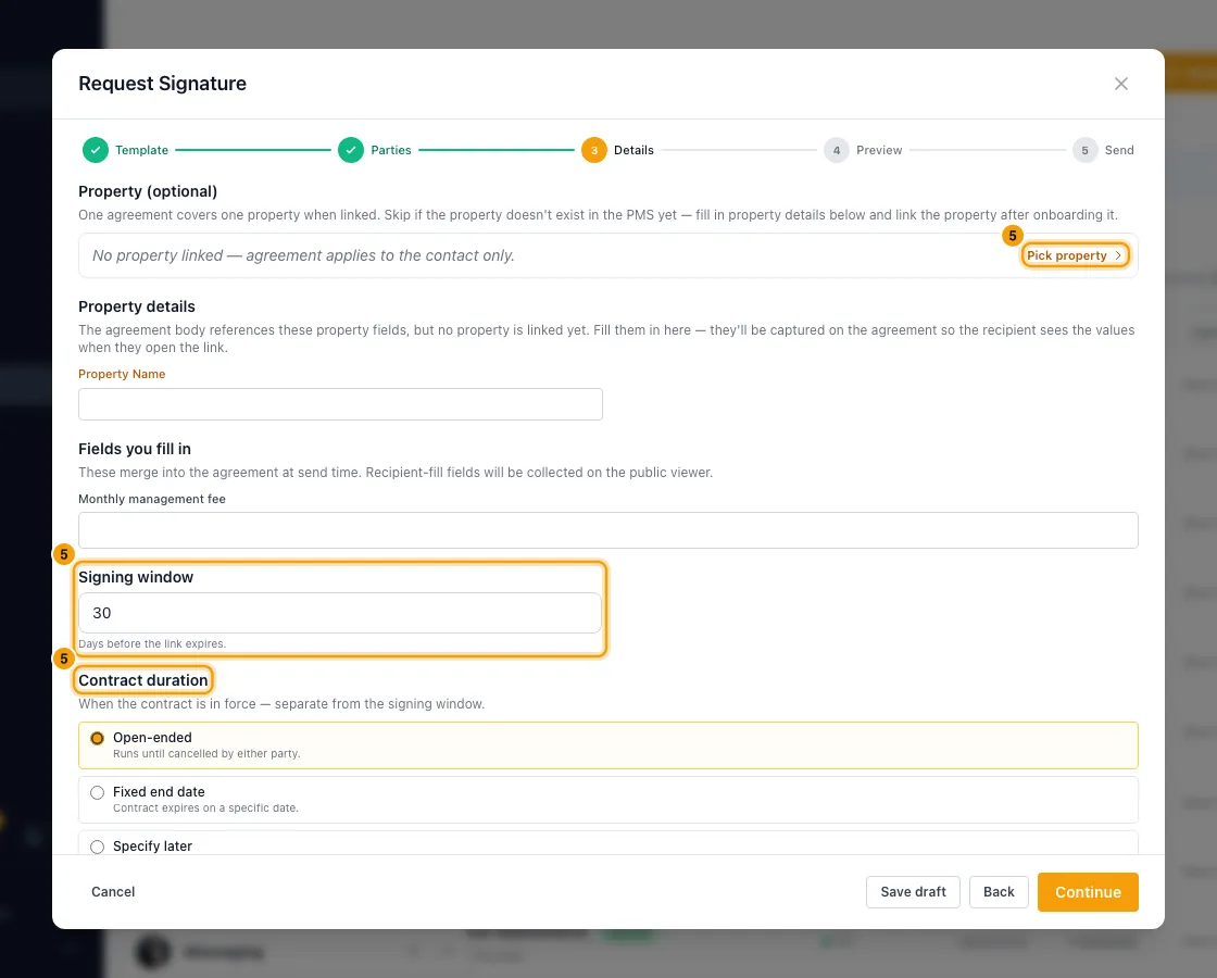 Send an agreement for e-signature (management, vendor, NDA…): step 5 in Rentibly, with Pick property, Signing window, Contract duration marked.