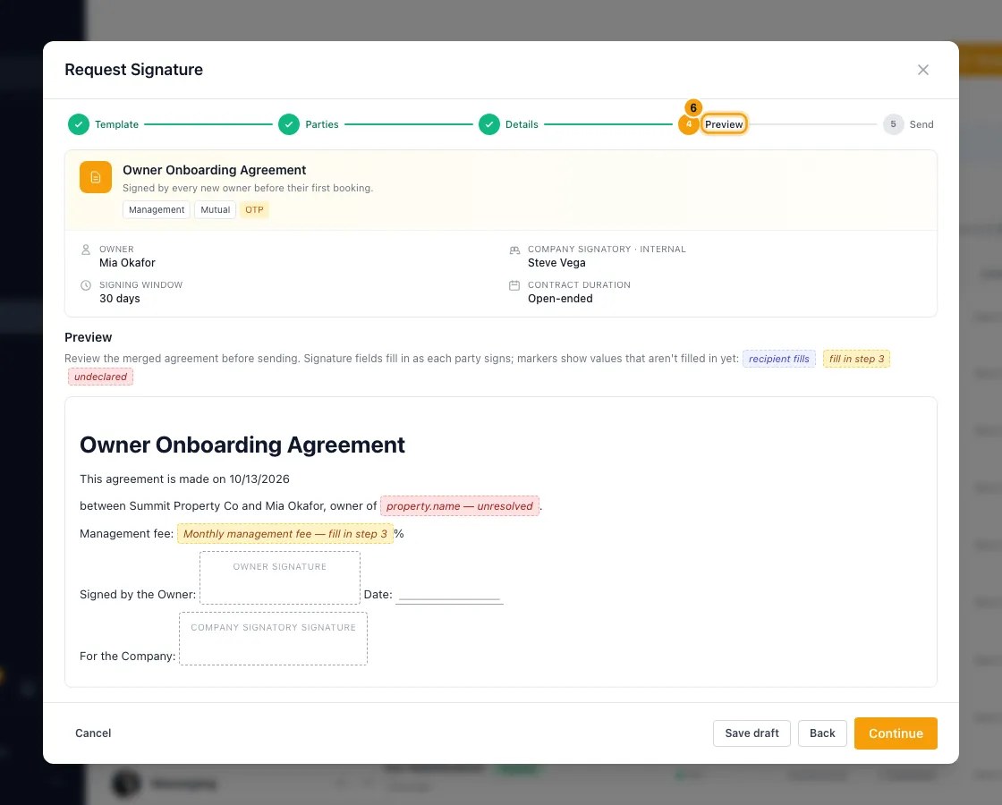 Send an agreement for e-signature (management, vendor, NDA…): step 6 in Rentibly, with Preview marked.