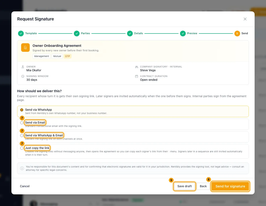Send an agreement for e-signature (management, vendor, NDA…): steps 7, 8 and 9 in Rentibly, with Send via Email, Send via WhatsApp & Email, Just copy the link marked.