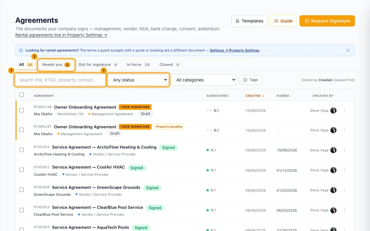 Send an agreement for e-signature (management, vendor, NDA…): step 1 in Rentibly, with the tabs and filters, the tabs and filters, the tabs and filters marked.