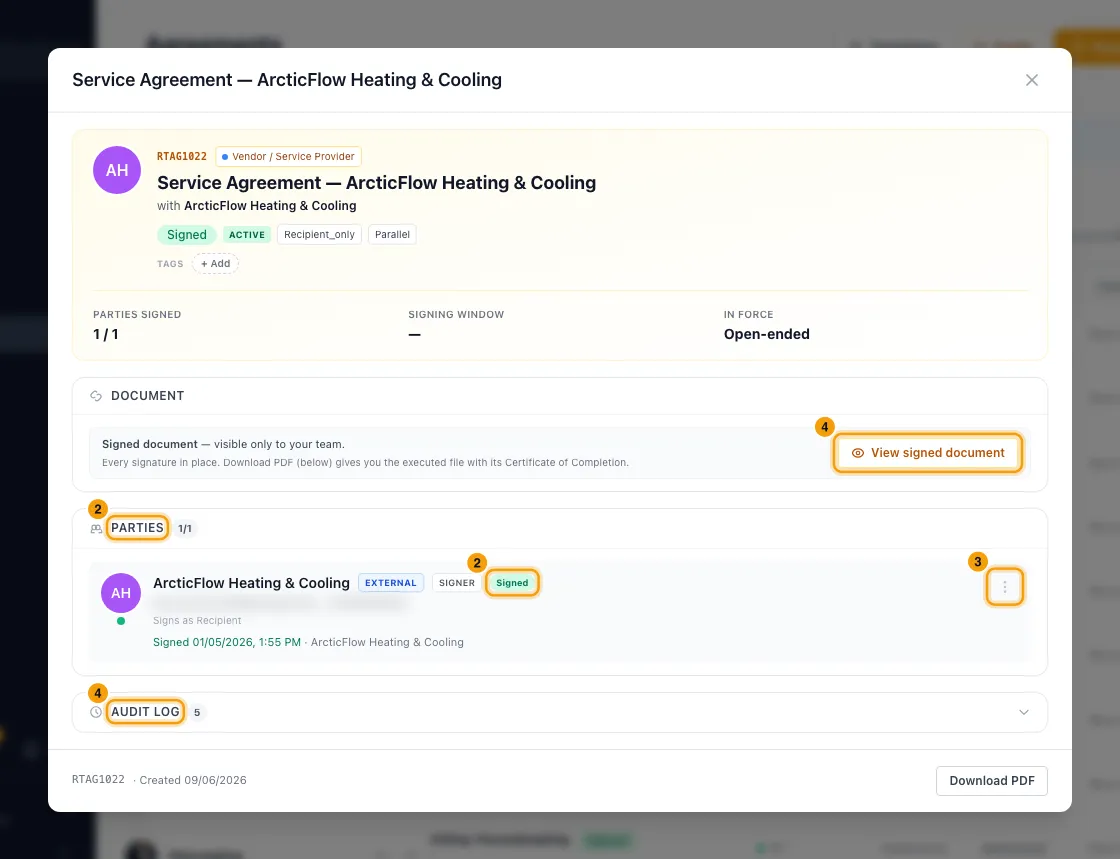 Send an agreement for e-signature (management, vendor, NDA…): steps 2, 3 and 4 in Rentibly, with Parties, the party's status, the party menu marked.