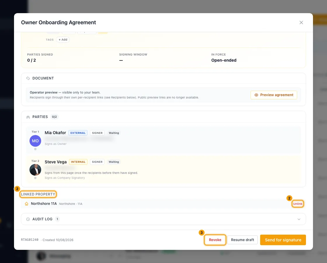 Send an agreement for e-signature (management, vendor, NDA…): steps 2 and 3 in Rentibly, with Linked property, Unlink, Revoke marked.