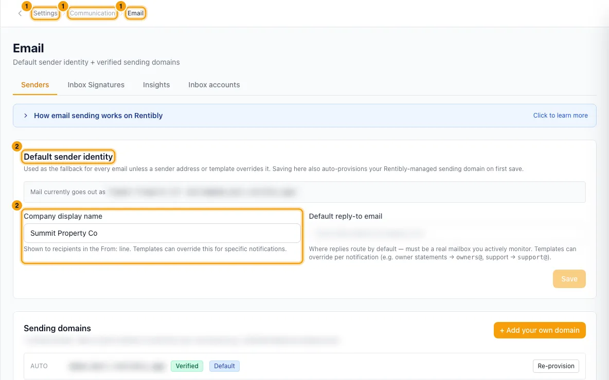 Send email from your own domain: steps 1 and 2 in Rentibly, with Settings, Communication, Email marked.