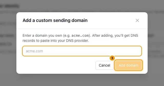 Send email from your own domain: step 3 in Rentibly, with Add domain marked.