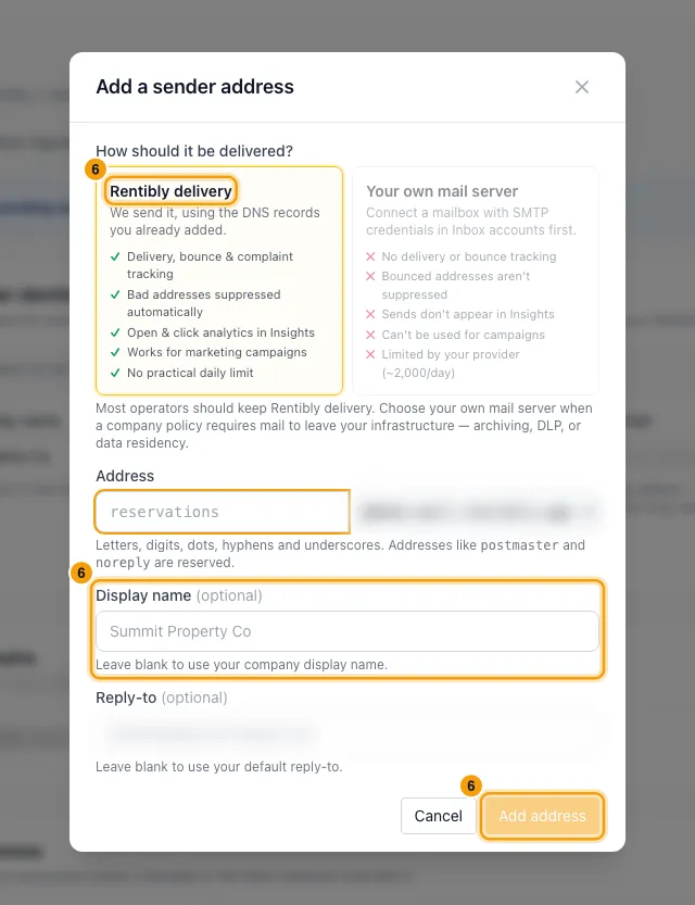 Send email from your own domain: step 6 in Rentibly, with Rentibly delivery, Display name, Add address marked.