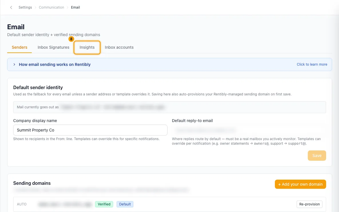 Send email from your own domain: step 8 in Rentibly, with Insights marked.