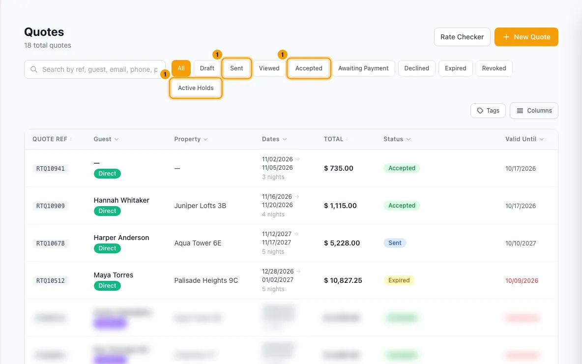 Send, hold, revoke or follow up a quote: step 1 in Rentibly, with Sent, Accepted, Active Holds marked.