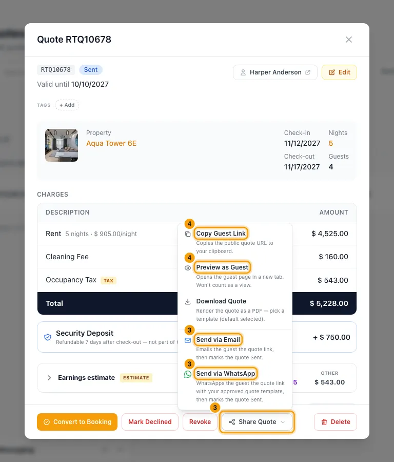 Send, hold, revoke or follow up a quote: steps 3 and 4 in Rentibly, with Share Quote, Send via Email, Send via WhatsApp marked.