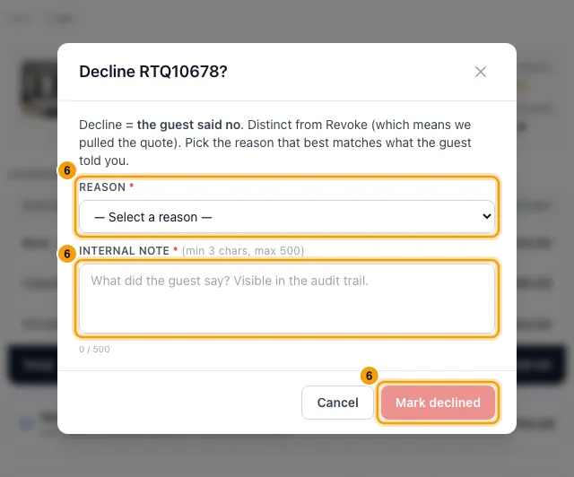 Send, hold, revoke or follow up a quote: step 6 in Rentibly, with Reason, Internal note, Mark declined marked.