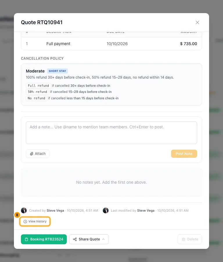 Send, hold, revoke or follow up a quote: step 8 in Rentibly, with View history marked.