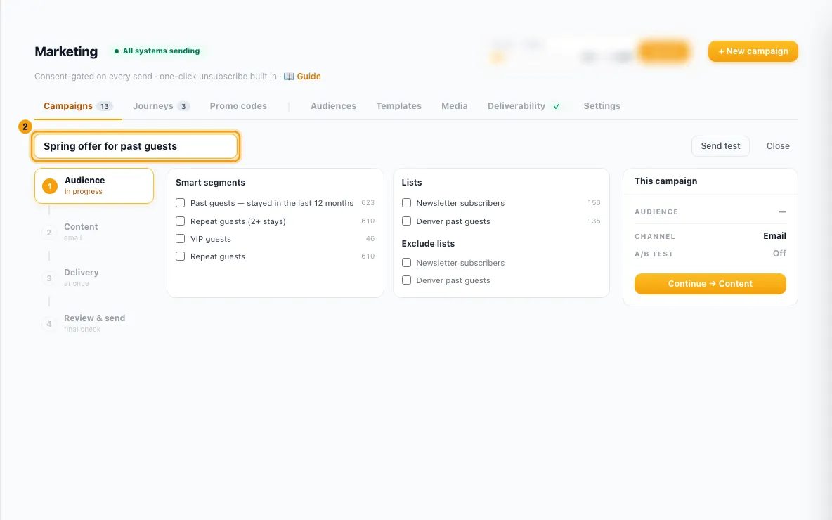 Send a marketing campaign by email or WhatsApp: step 2 in Rentibly, with Campaign name marked.
