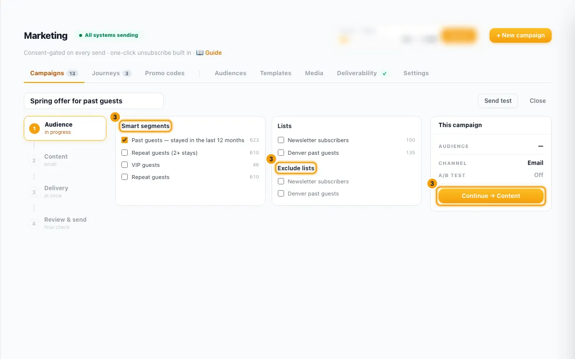 Send a marketing campaign by email or WhatsApp: step 3 in Rentibly, with Smart segments, Exclude lists, Continue → Content marked.