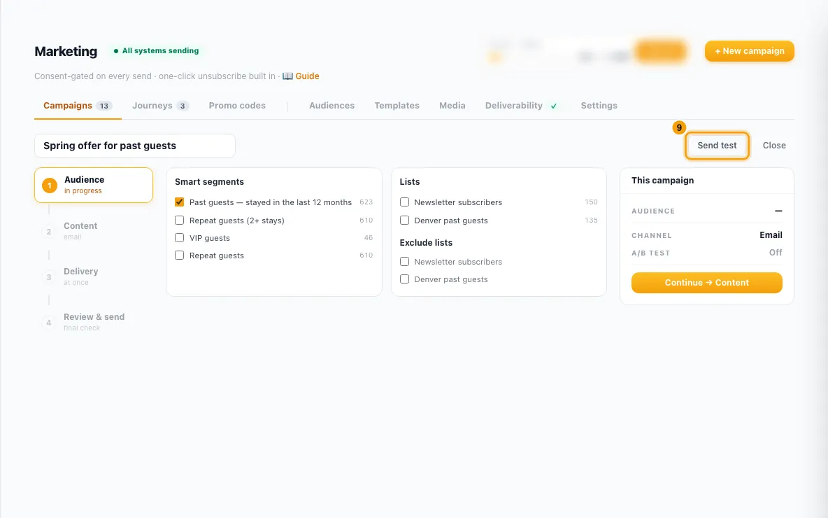 Send a marketing campaign by email or WhatsApp: step 9 in Rentibly, with Send test marked.