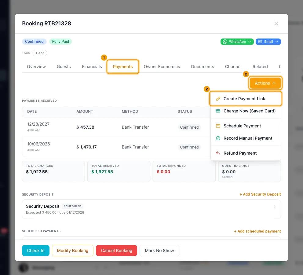 Send a payment link or charge a saved card: steps 1 and 2 in Rentibly, with Payments, Actions, Create Payment Link marked.
