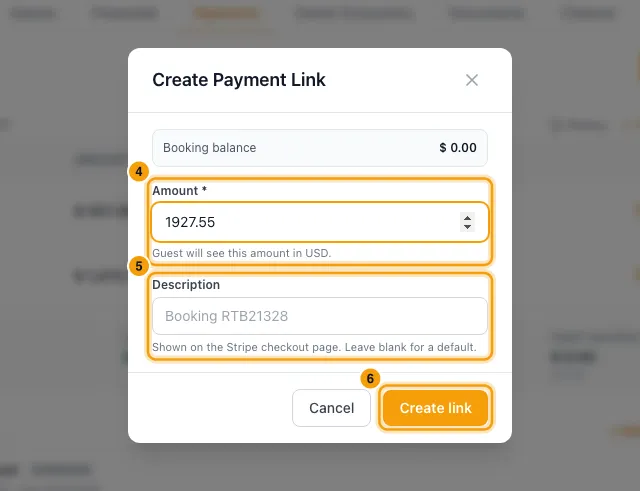 Send a payment link or charge a saved card: steps 4, 5 and 6 in Rentibly, with Amount, Description, Create link marked.