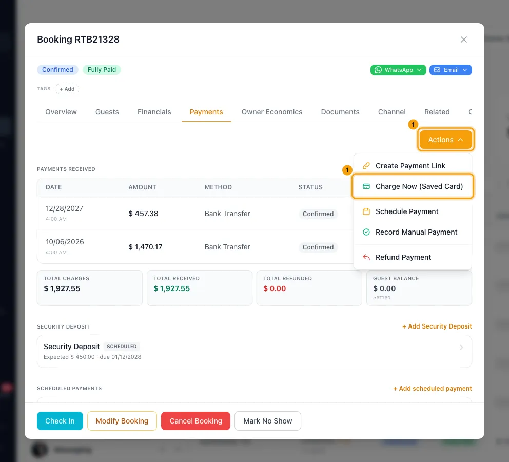 Send a payment link or charge a saved card: step 1 in Rentibly, with Actions, Charge Now (Saved Card) marked.