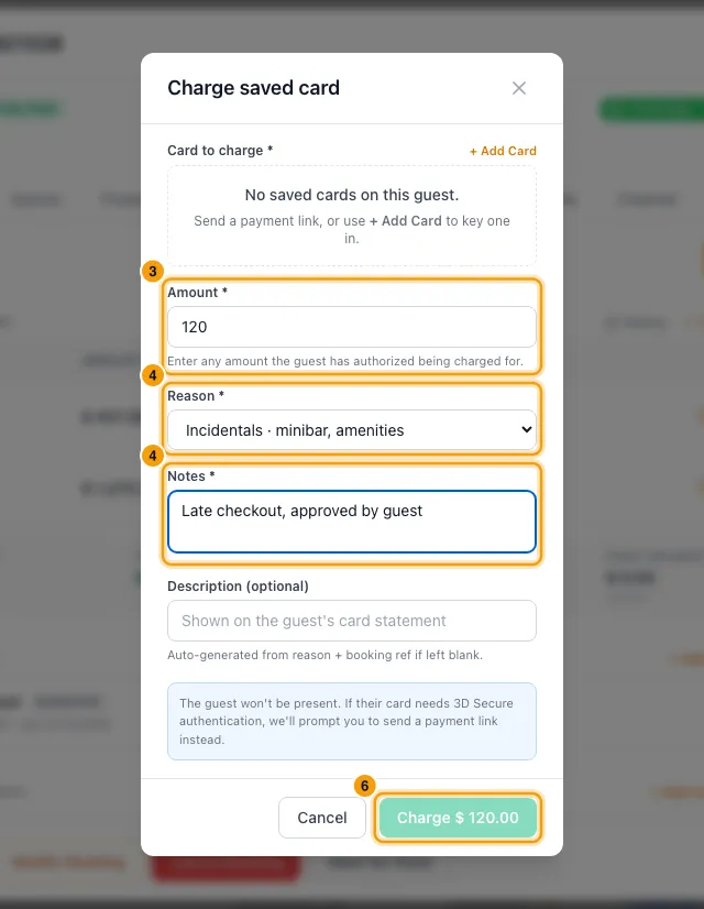 Send a payment link or charge a saved card: steps 3, 4 and 6 in Rentibly, with Amount, Reason, Notes marked.