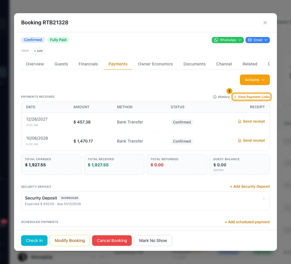 Send a payment link or charge a saved card: step 1 in Rentibly, with View Payment Links marked.
