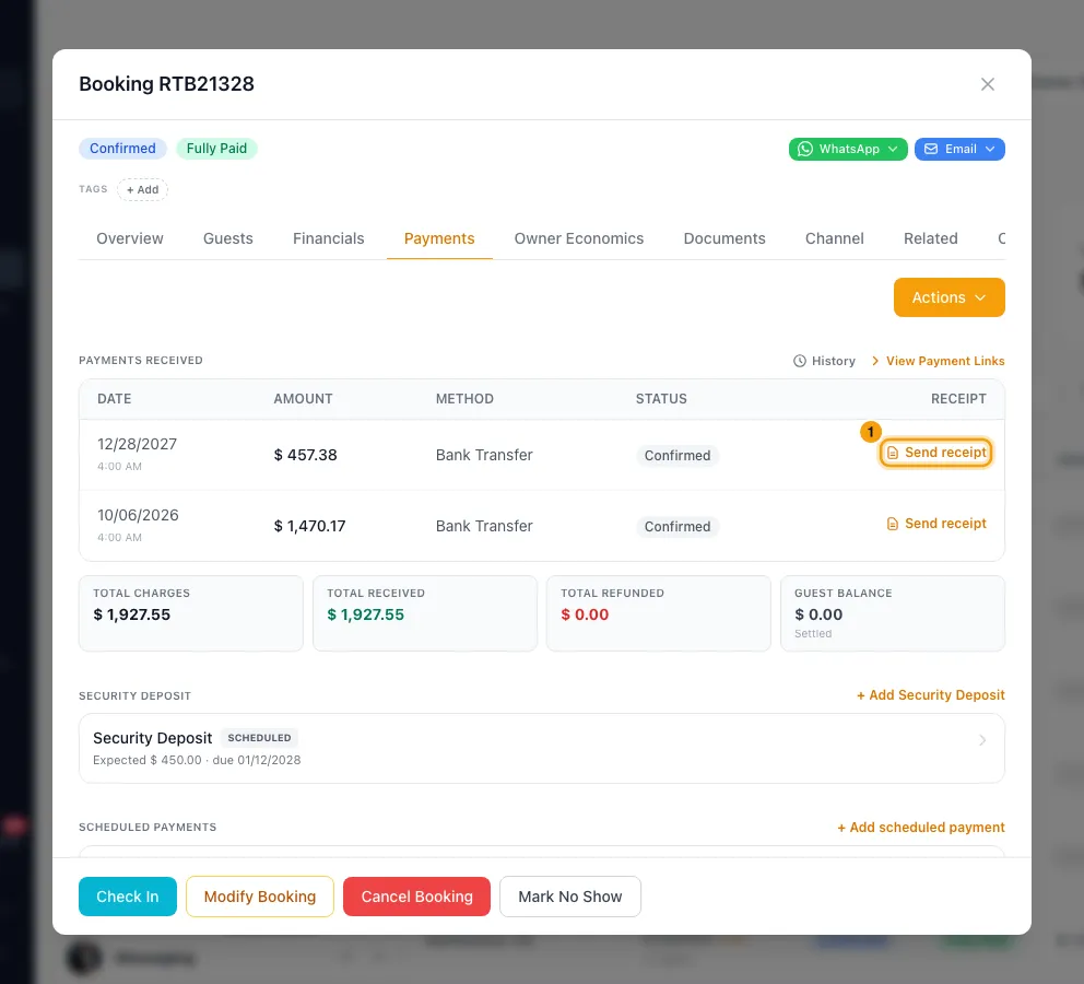Send a payment link or charge a saved card: step 1 in Rentibly, with Send receipt marked.