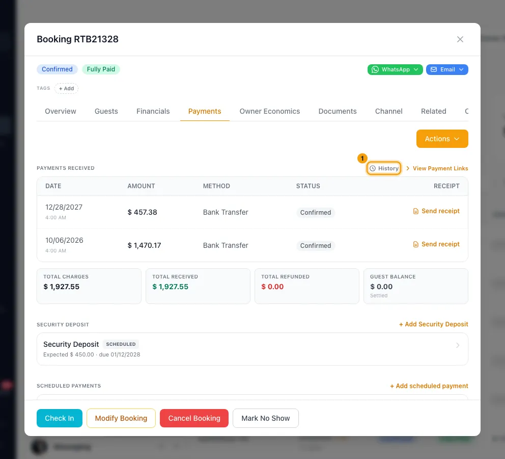 Send a payment link or charge a saved card: step 1 in Rentibly, with History marked.